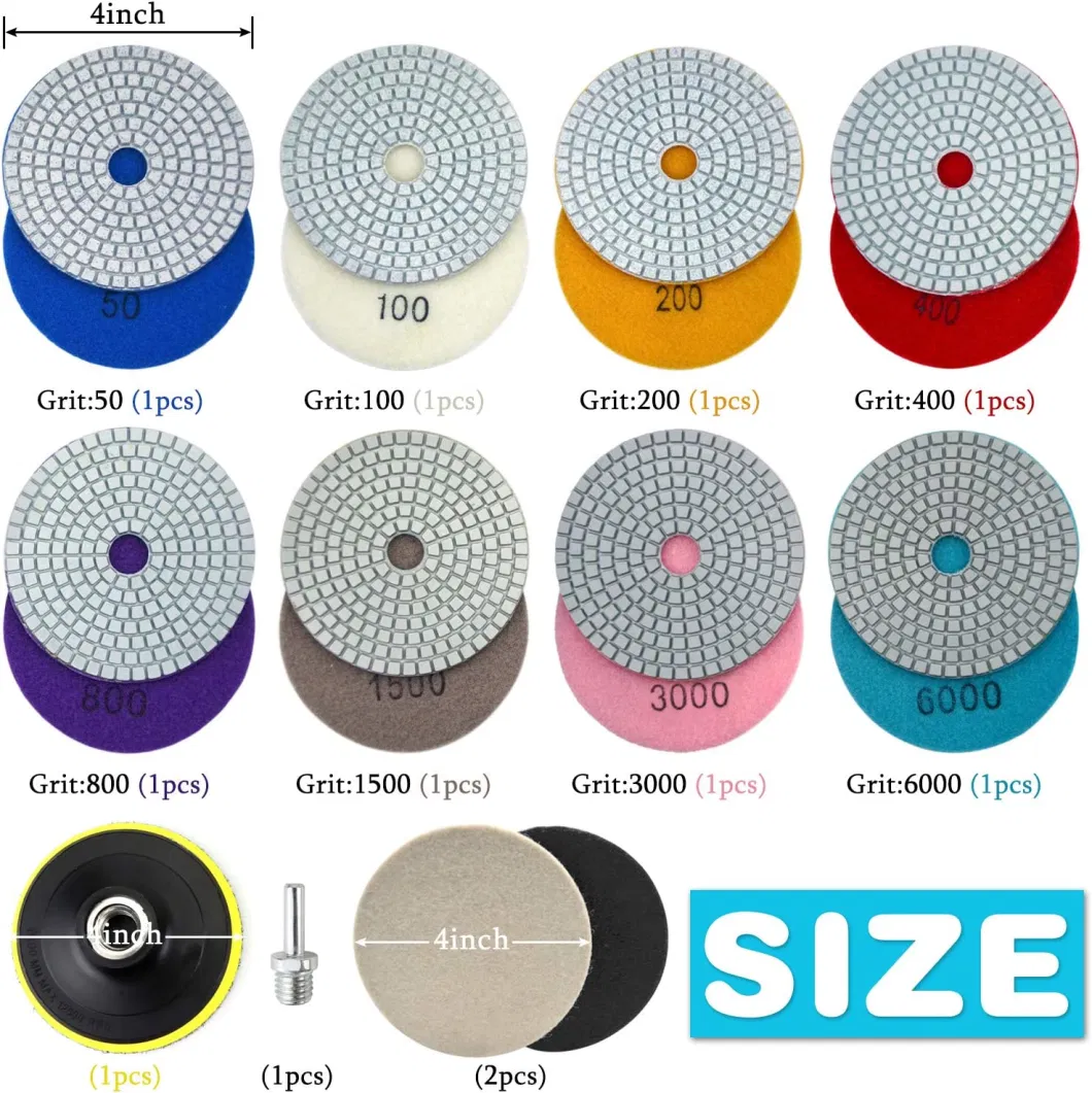 4 Inch Diamond Polishing Pads Wet/Dry Granite Stone Polish Pad Kit for Drill Grinder Polisher 50-6000 Grit Polishing Pad for Concrete Marble Stone